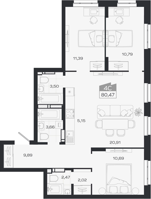 Планировка 4е-к.кв 80.47 м² в ЖК «1804 Квартал на Сибирской. Томск»