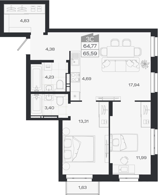 Планировка 3е-к.кв 64.77 м² в ЖК «1804 Квартал на Сибирской. Томск»