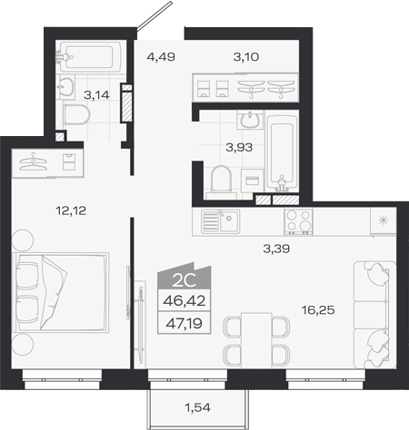 Планировка 2е-к.кв 46.42 м² в ЖК «1804 Квартал на Сибирской. Томск»