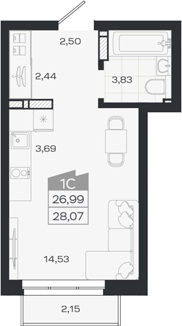 Планировка студии 26.97 м² в ЖК «1804 Квартал на Сибирской. Томск»
