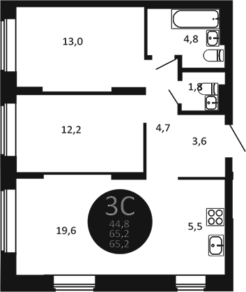 Планировка 3е-к. квартира 65.20 м² в ЖК «Первый на Есенина»
