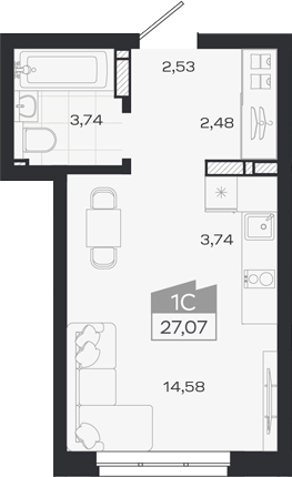 Планировка студии 27.07 м² в ЖК «1804 Квартал на Сибирской. Томск»
