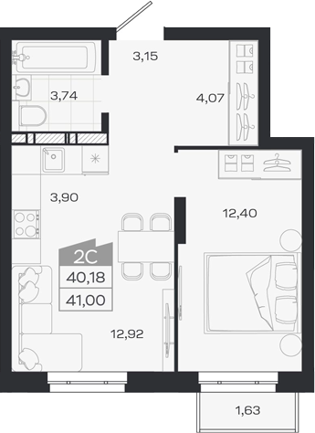 Планировка 2е-к.кв 40.18 м² в ЖК «1804 Квартал на Сибирской. Томск»