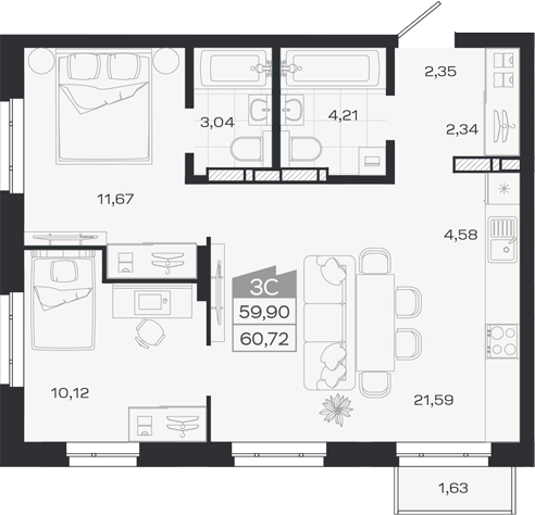 Планировка 3е-к.кв 59.90 м² в ЖК «1804 Квартал на Сибирской. Томск»