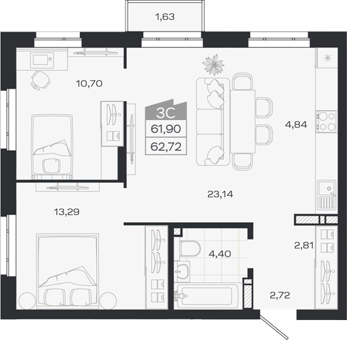 Планировка 3е-к.кв 61.90 м² в ЖК «1804 Квартал на Сибирской. Томск»