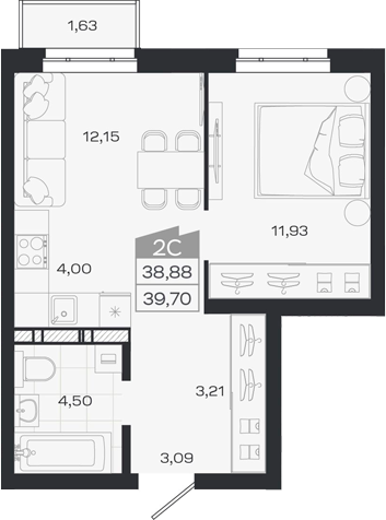 Планировка 2е-к.кв 38.88 м² в ЖК «1804 Квартал на Сибирской. Томск»
