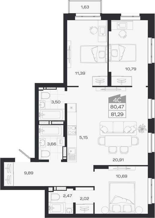 Планировка 4е-к.кв 80.47 м² в ЖК «1804 Квартал на Сибирской. Томск»