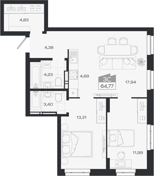 Планировка 3е-к.кв 64.77 м² в ЖК «1804 Квартал на Сибирской. Томск»