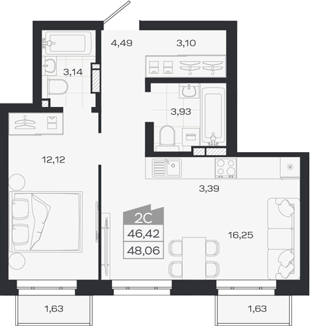 Планировка 2е-к.кв 46.42 м² в ЖК «1804 Квартал на Сибирской. Томск»