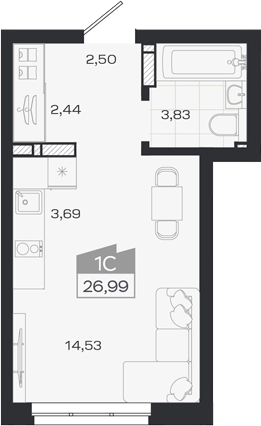 Планировка студии 26.97 м² в ЖК «1804 Квартал на Сибирской. Томск»