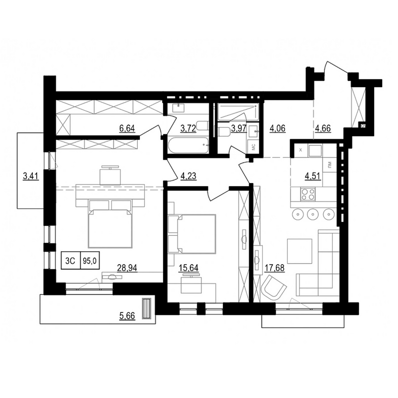 Планировка 3е-к. квартира 97.25 м² в ЖК «Жуковка»