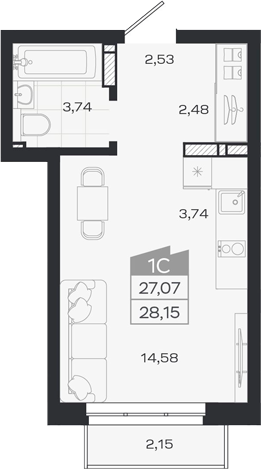 Планировка студии 27.07 м² в ЖК «1804 Квартал на Сибирской. Томск»