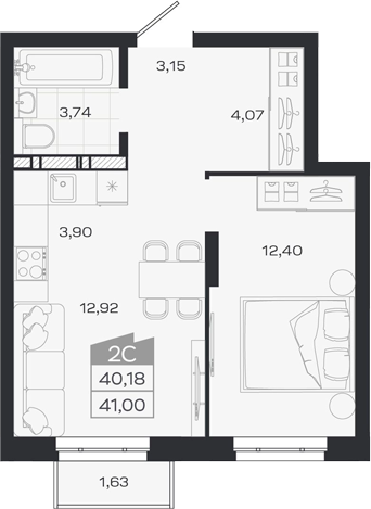 Планировка 2е-к.кв 40.18 м² в ЖК «1804 Квартал на Сибирской. Томск»