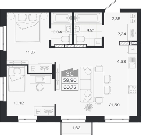 Планировка 3е-к.кв 59.90 м² в ЖК «1804 Квартал на Сибирской. Томск»