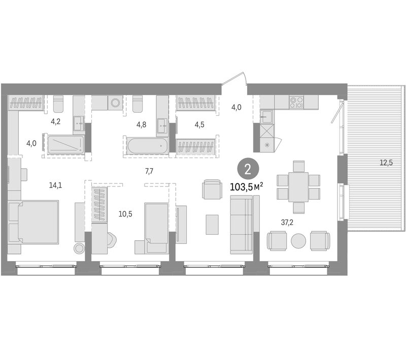 Планировка 2-к.кв 91.00 м² в ЖК «Европейский берег»