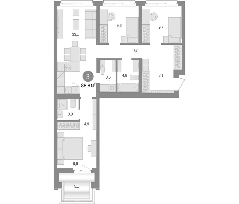 Планировка 3-к. квартира 84.40 м² в ЖК «Европейский берег»