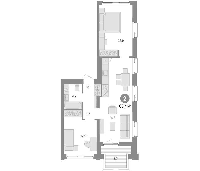 Планировка 2-к. квартира 62.50 м² в ЖК «Европейский берег»