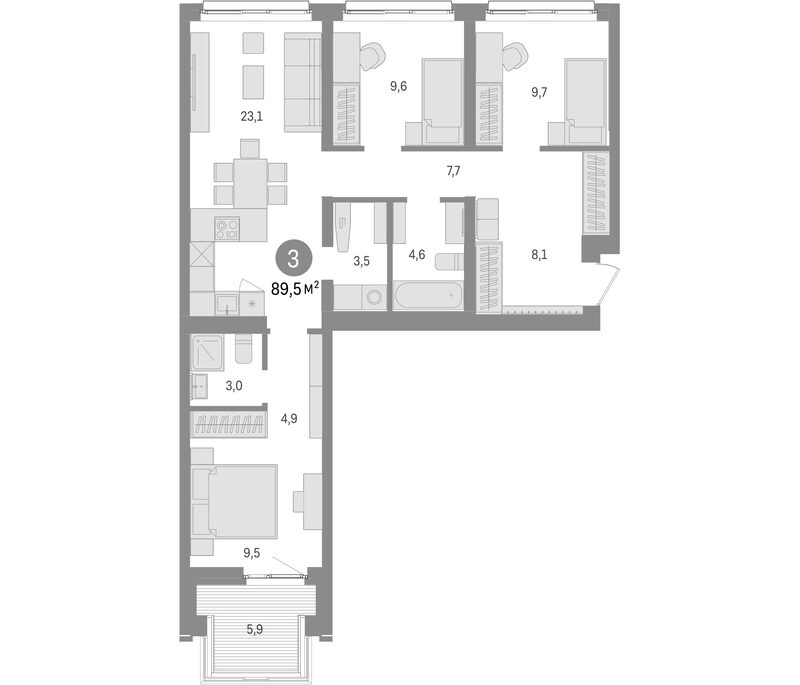 Планировка 3-к. квартира 83.60 м² в ЖК «Европейский берег»