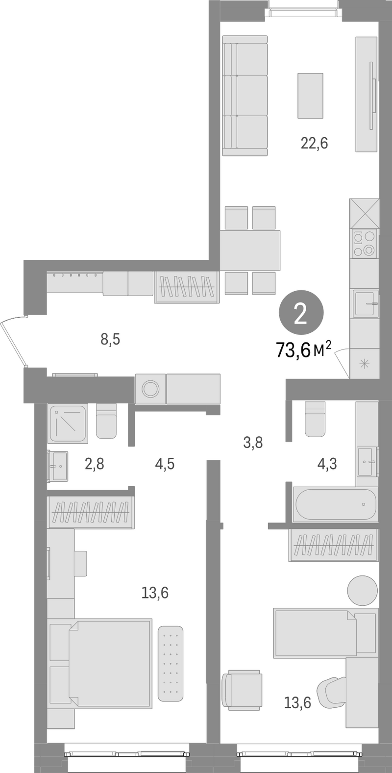 Планировка 3е-к. квартира 73.60 м² в ЖК «Европейский берег»