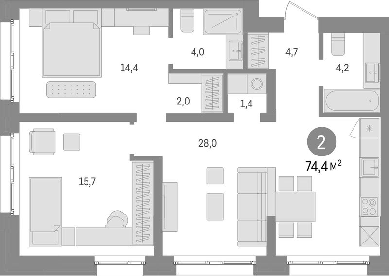 Планировка 3е-к. квартира 74.40 м² в ЖК «Европейский берег»