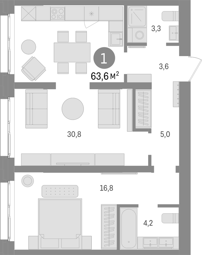 Планировка 2е-к. квартира 63.60 м² в ЖК «Европейский берег»