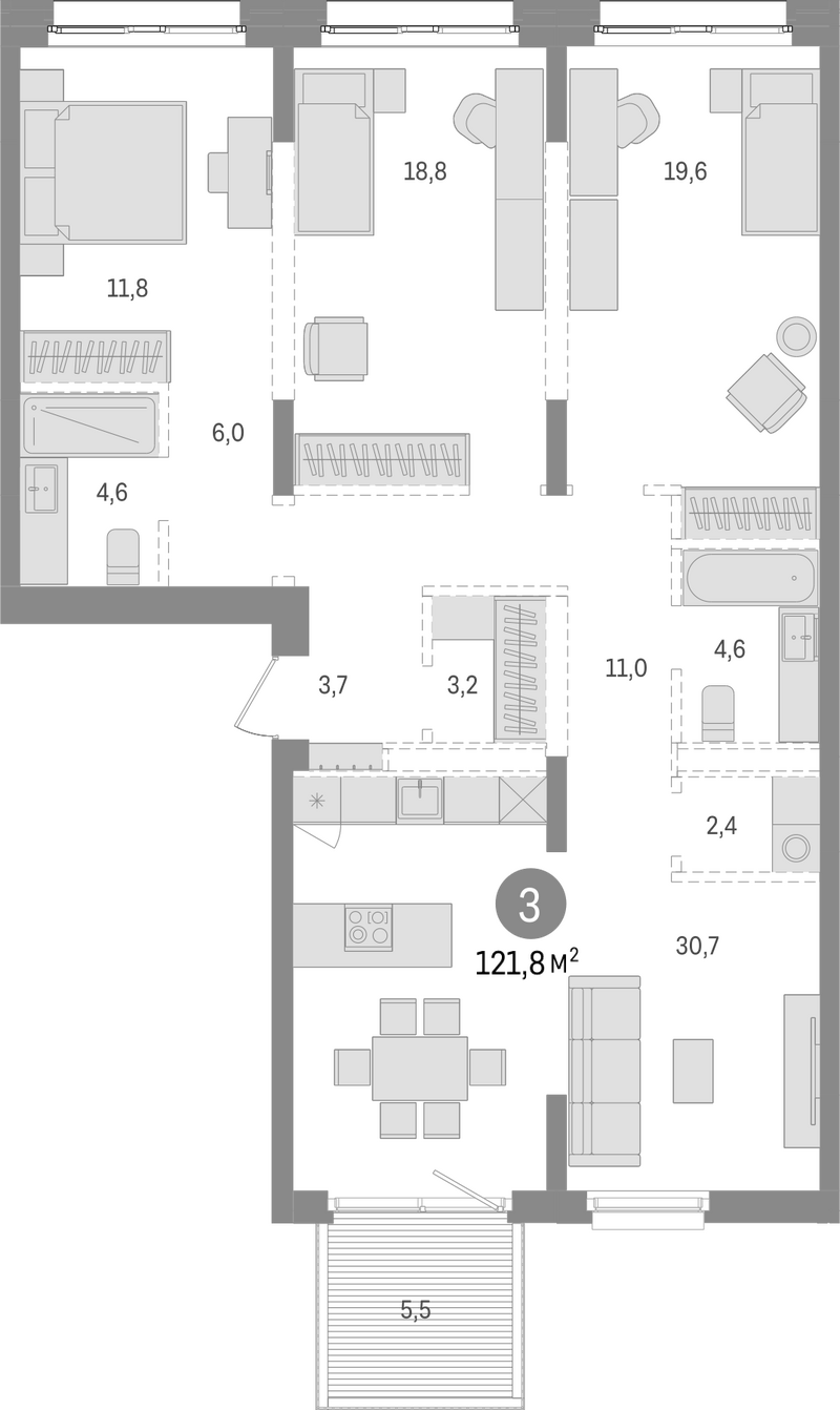 Планировка 4е-к.кв 116.30 м² в ЖК «Европейский берег»