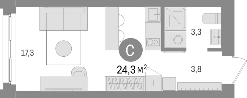 Планировка студии 24.30 м² в ЖК «Европейский берег»