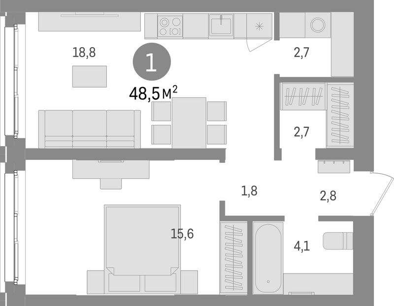 Планировка 2е-к.кв 48.50 м² в ЖК «Европейский берег»