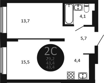 Планировка 2е-к.кв 43.40 м² в ЖК «Первый на Есенина»