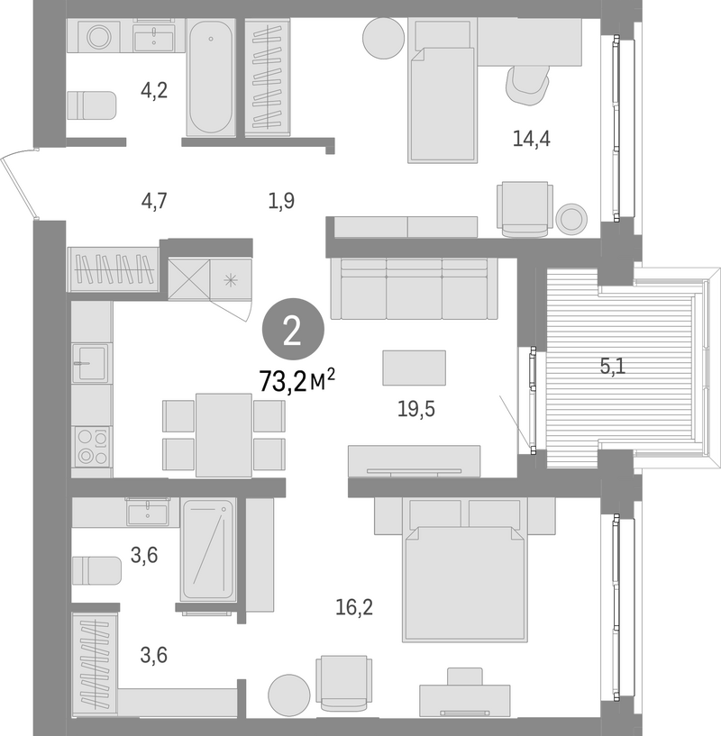 Планировка 3е-к.кв 68.90 м² в ЖК «Европейский берег»