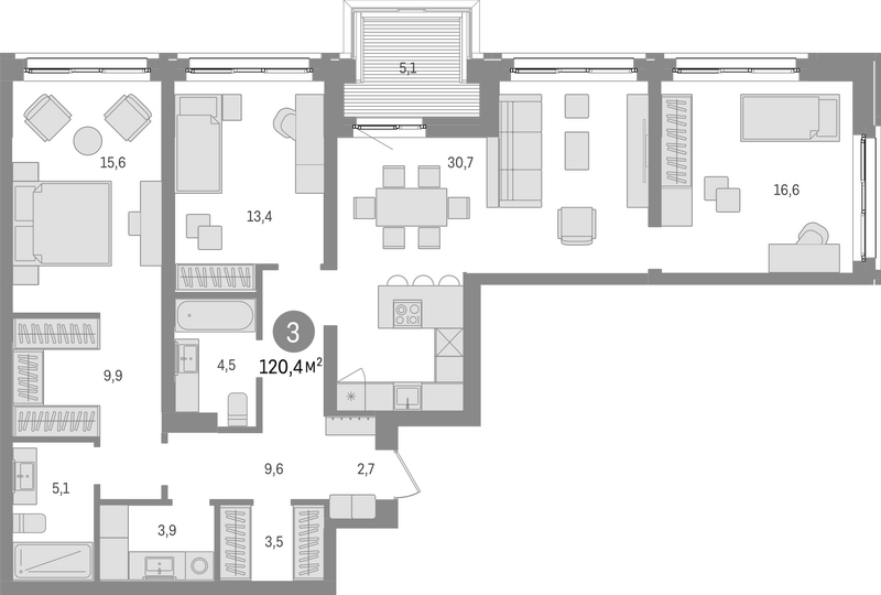 Планировка 4е-к. квартира 116.00 м² в ЖК «Европейский берег»