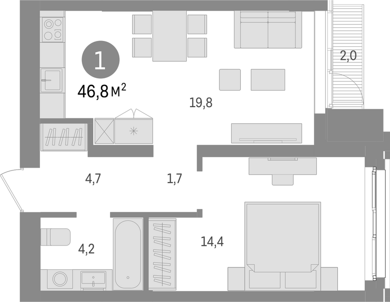 Планировка 2е-к.кв 44.80 м² в ЖК «Европейский берег»
