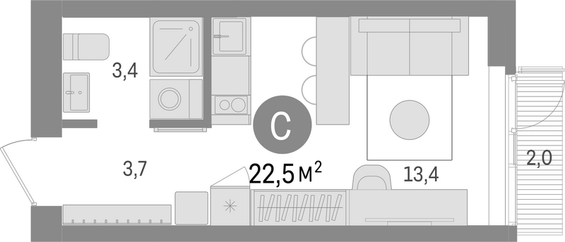 Планировка студии 20.50 м² в ЖК «Европейский берег»