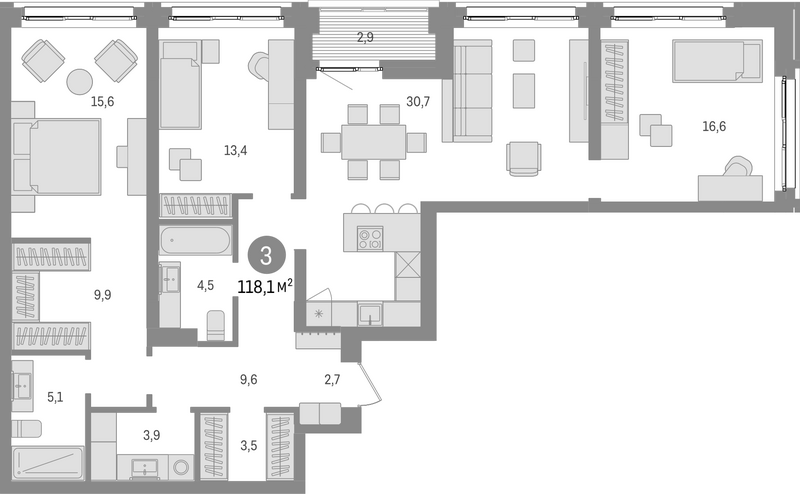 Планировка 4е-к.кв 115.20 м² в ЖК «Европейский берег»