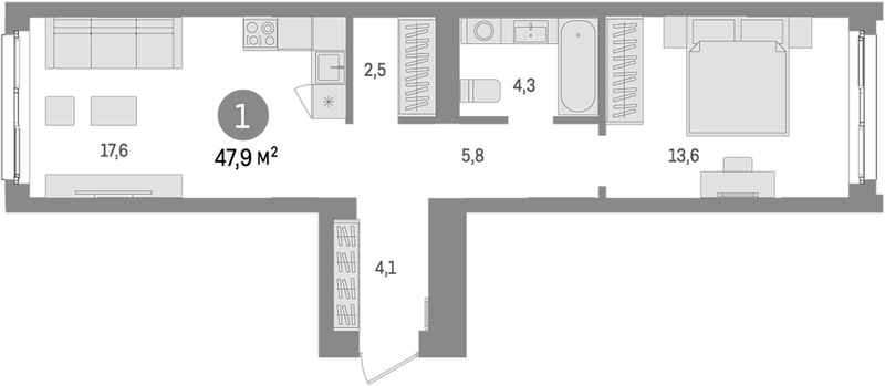 Планировка 2е-к.кв 47.90 м² в ЖК «Европейский берег»