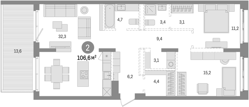 Планировка 3е-к. квартира 93.00 м² в ЖК «Европейский берег»