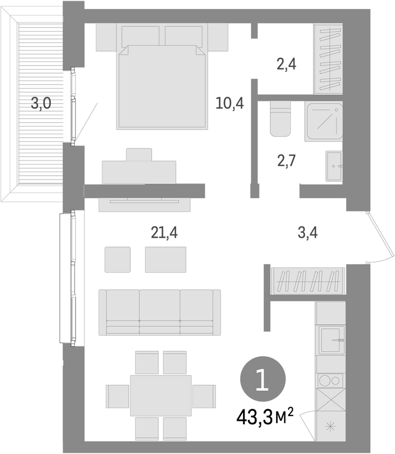 Планировка 2е-к. квартира 40.30 м² в ЖК «Европейский берег»