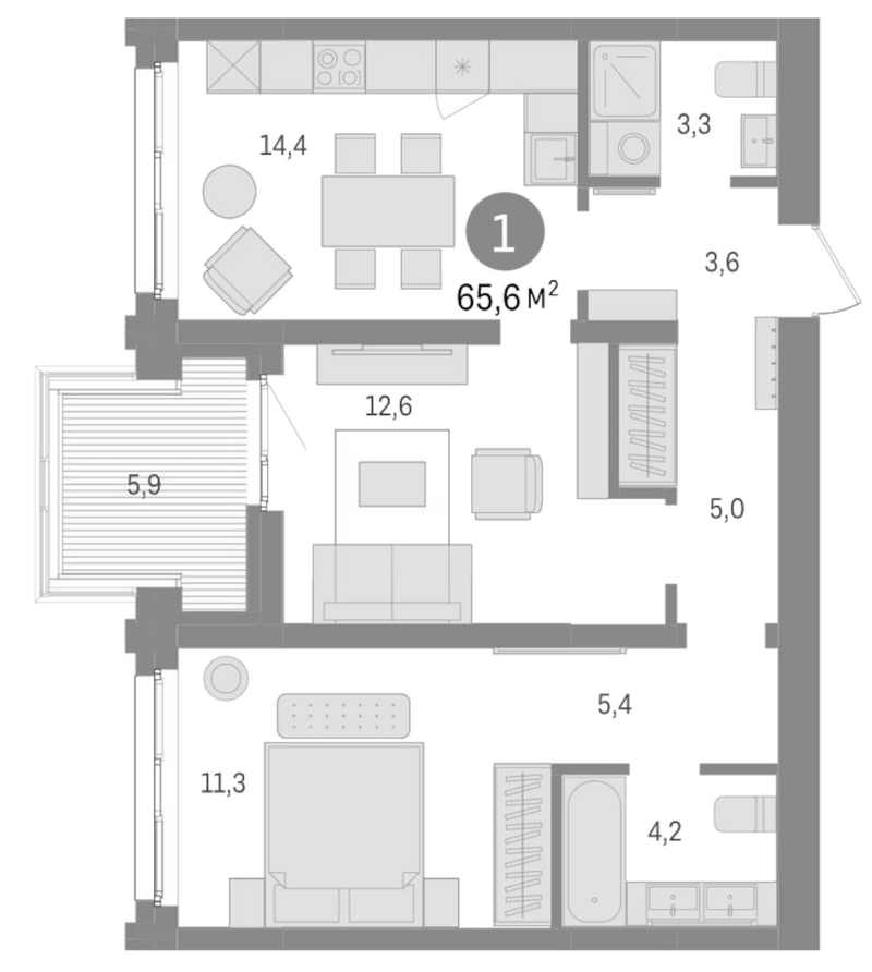 Планировка 3е-к. квартира 59.70 м² в ЖК «Европейский берег»