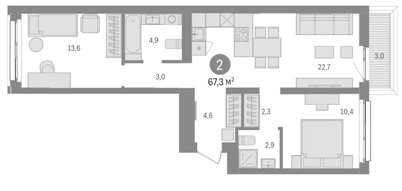 Планировка 3е-к. квартира 64.30 м² в ЖК «Европейский берег»