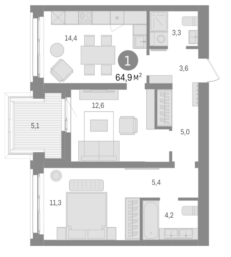 Планировка 3е-к. квартира 60.60 м² в ЖК «Европейский берег»