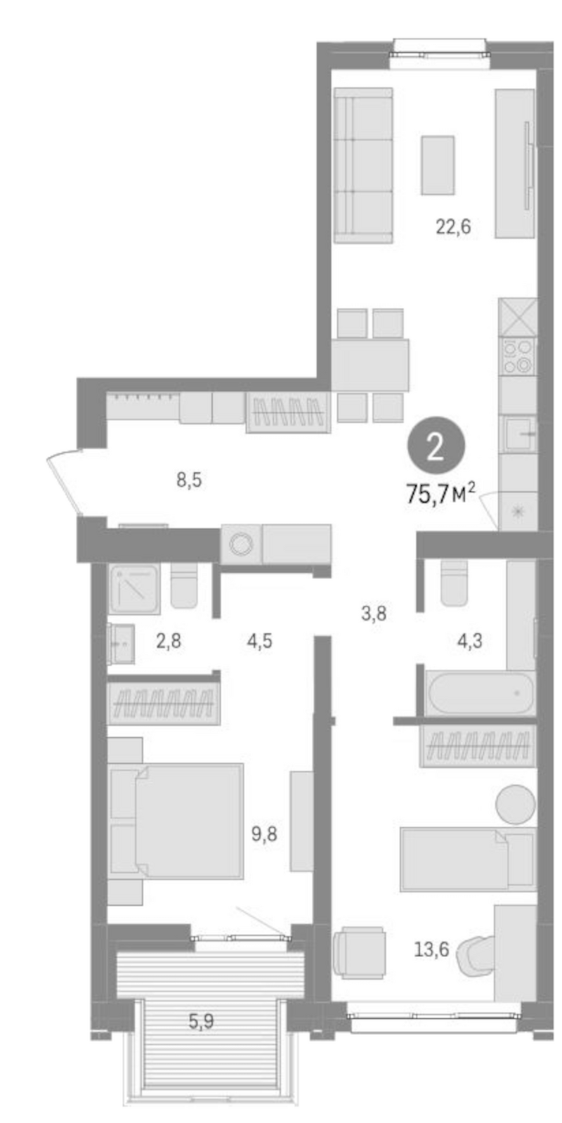 Планировка 3е-к. квартира 69.80 м² в ЖК «Европейский берег»