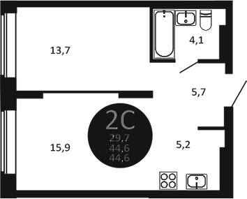 Планировка 2е-к.кв 44.60 м² в ЖК «Первый на Есенина»