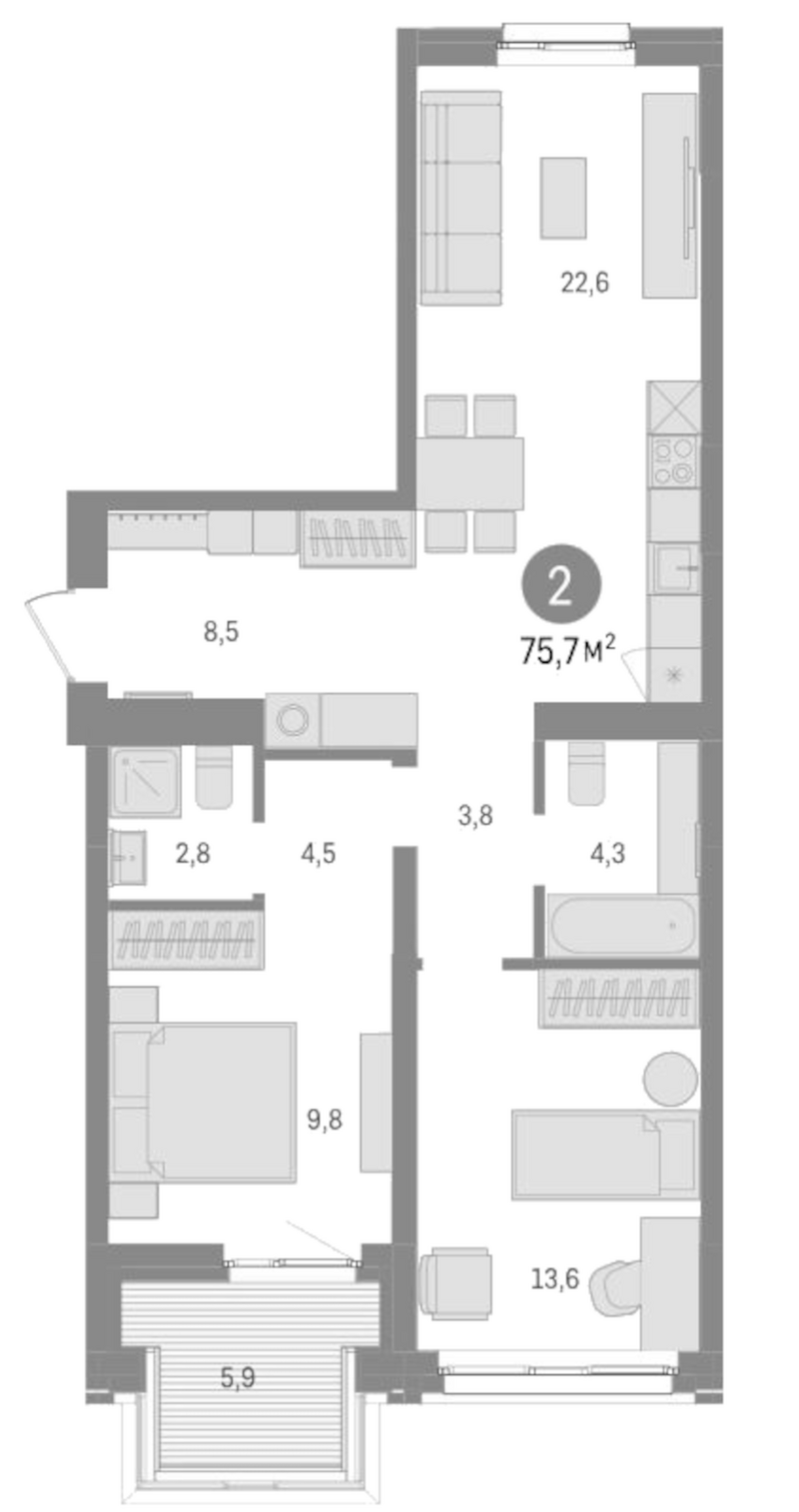 Планировка 3е-к. квартира 69.80 м² в ЖК «Европейский берег»