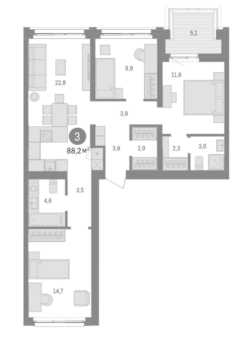 Планировка 4е-к.кв 83.90 м² в ЖК «Европейский берег»