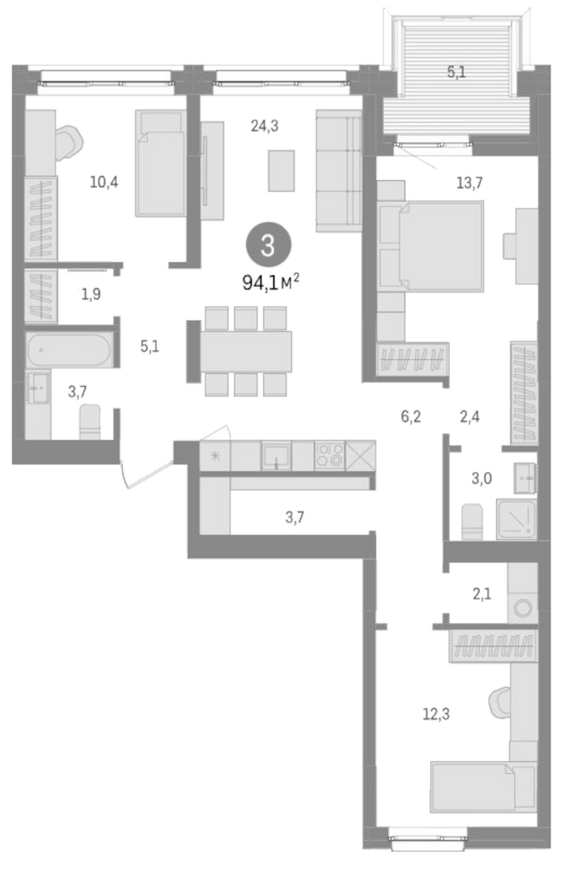 Планировка 4е-к.кв 89.70 м² в ЖК «Европейский берег»