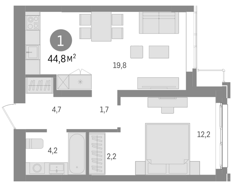 Планировка 2е-к. квартира 44.80 м² в ЖК «Европейский берег»