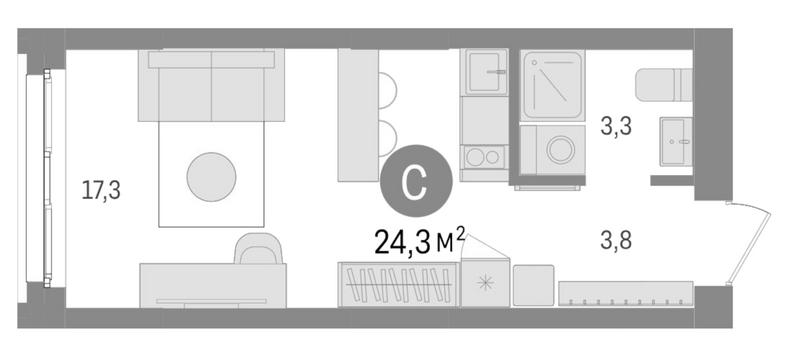 Планировка студии 24.30 м² в ЖК «Европейский берег»