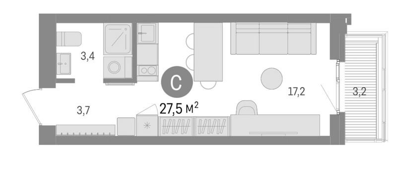 Планировка студии 24.30 м² в ЖК «Европейский берег»
