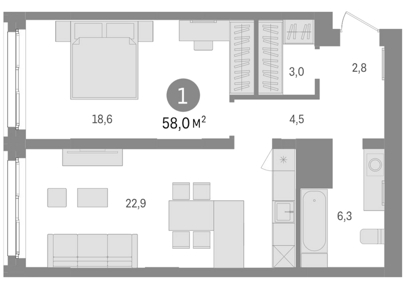 Планировка 2е-к.кв 58.00 м² в ЖК «Европейский берег»