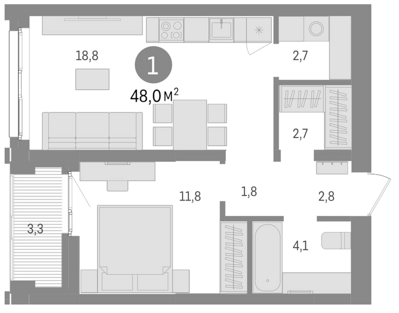 Планировка 2е-к.кв 44.70 м² в ЖК «Европейский берег»